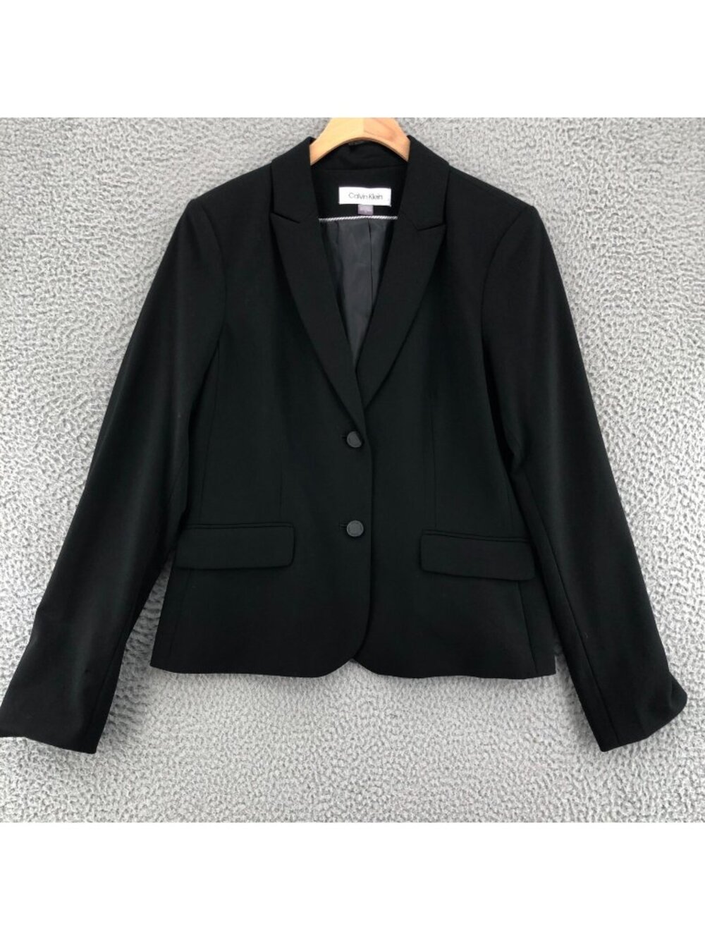 Calvin Klein Blazer Womens 10 Black Peak Lapel Stretch Button Up Pocket Jacket*